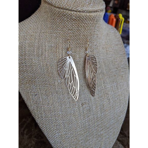 Gold Butterfly Wing Earrings; Cicada Wing Charms; Gold Plated; Laser Cut; Handma - Picture 7 of 10